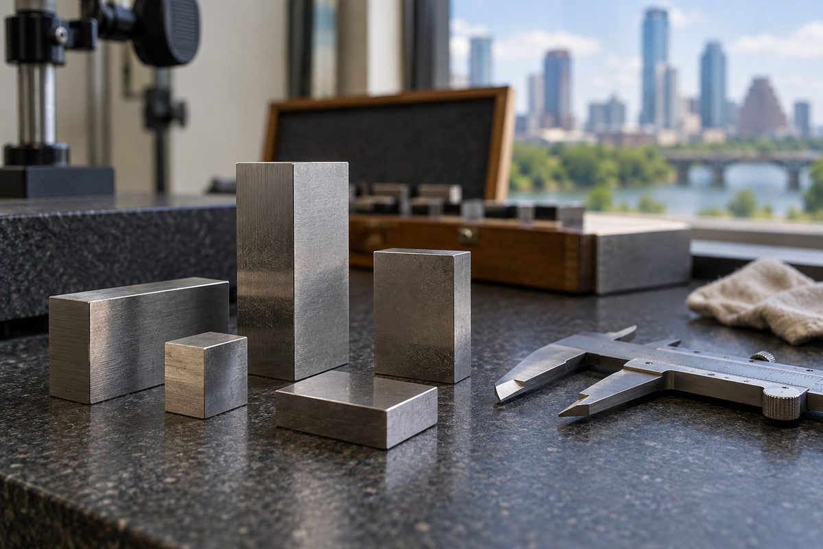 Precision calibration blocks beside a measuring tool