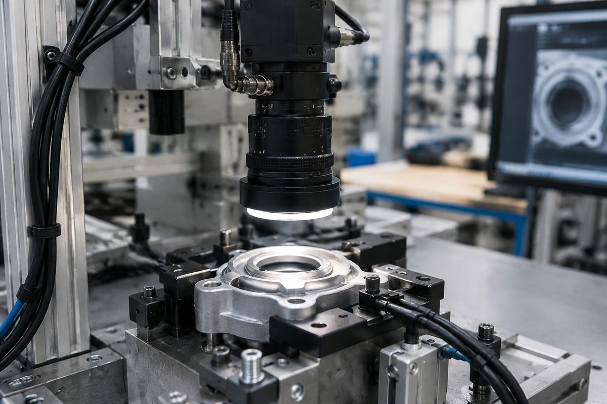 Optical inspection camera examining a manufactured part